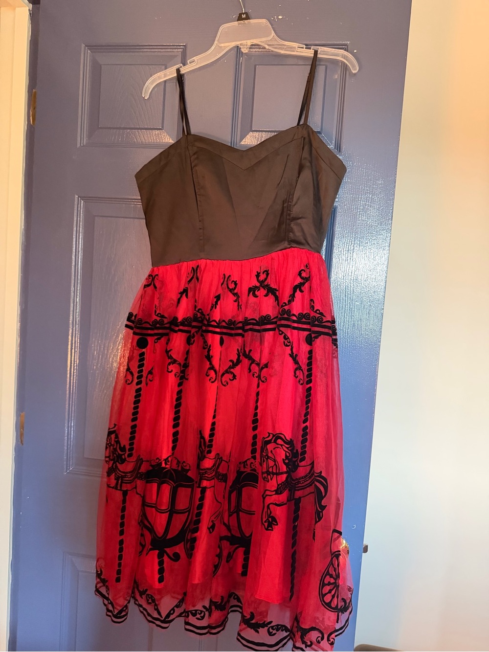 Unique Vintage Black & Red flocked mesh overlay carousel dress L